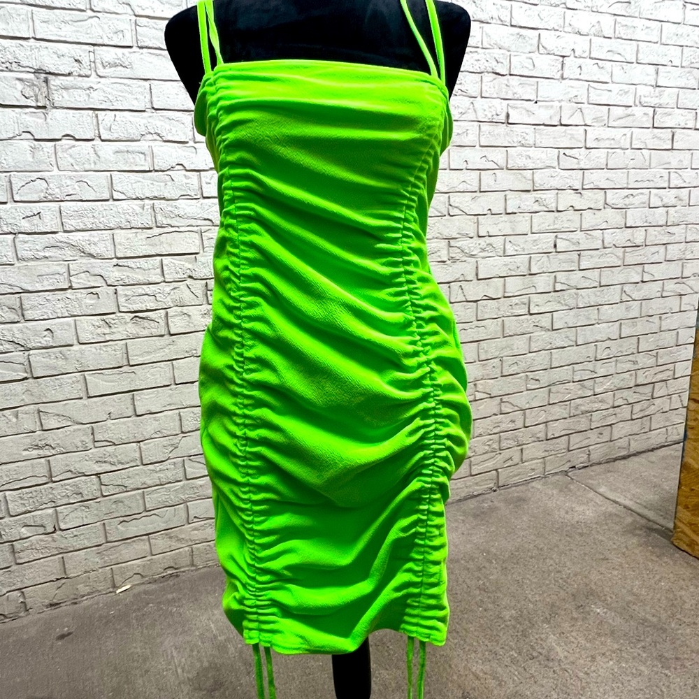 Neon green spandex maxi dress, adjustable length ties
